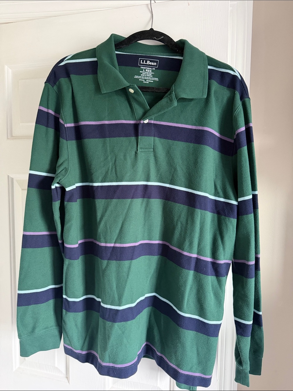L.L. Bean Green Long-Sleeve Polo with Navy, Light Blue & Lavender Stripes